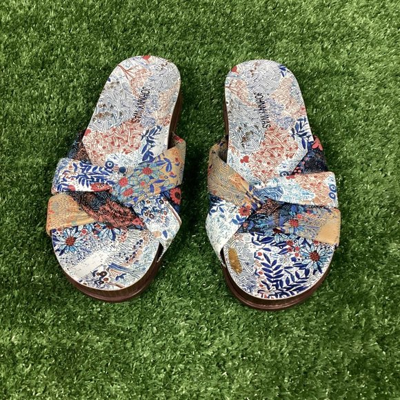 Johnny Was Sandals Leather Sunny Garden Twist Slip On Floral Blue - Picture 2 of 13